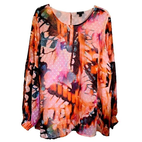 Torrid 2X Multicolor Chiffon Clip Dot Long Sheer Sleeve Blouse Elasticized Cuffs - Picture 3 of 9